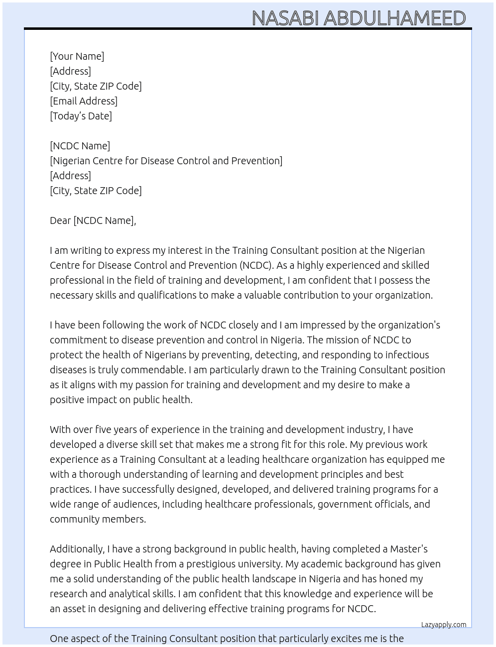Training consultant  At Nigerian centre for disease control and prevention  Cover Letter