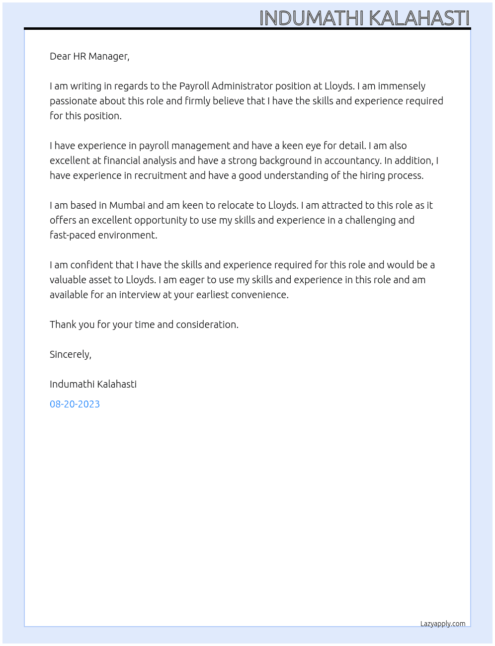 Payroll Administrator At Lloyds Cover Letter
