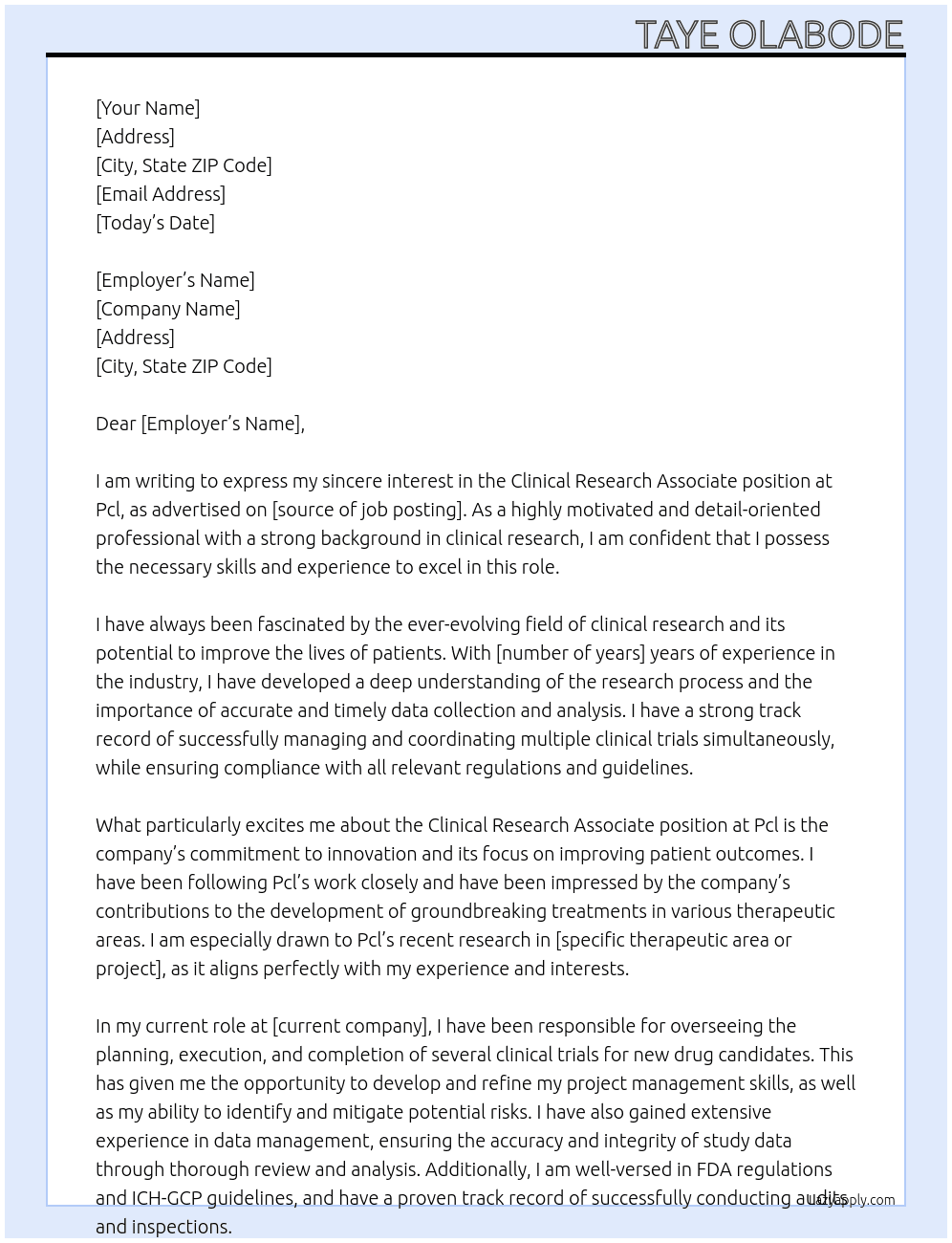 Clinical research associate At Pcl Cover Letter