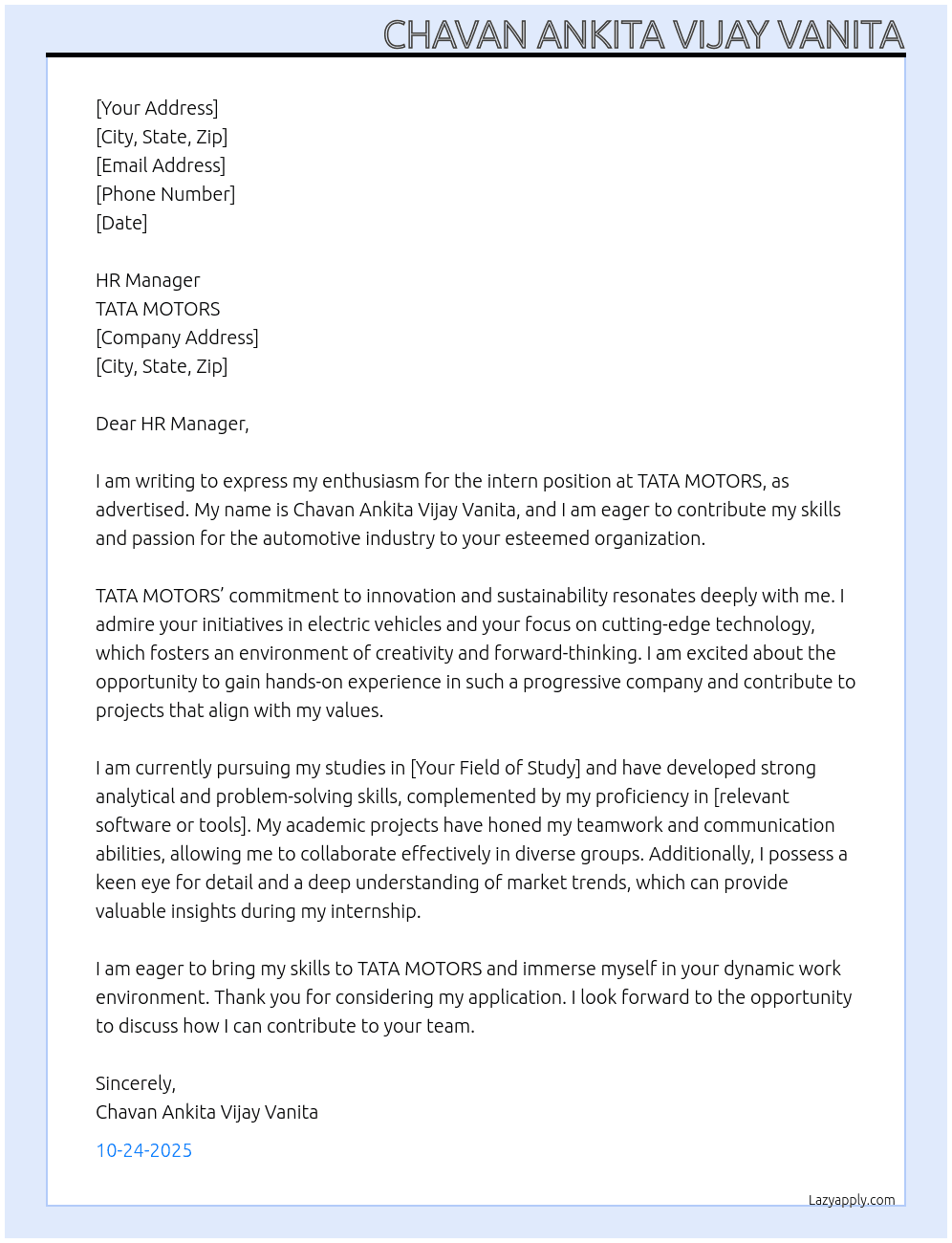 intern At TATA MOTORS Cover Letter
