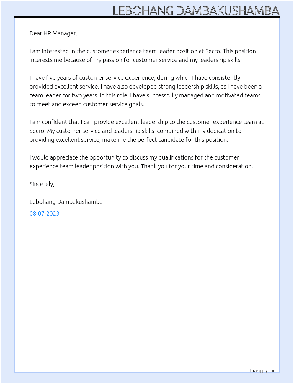 Customer experience team leader  At Secro  Cover Letter