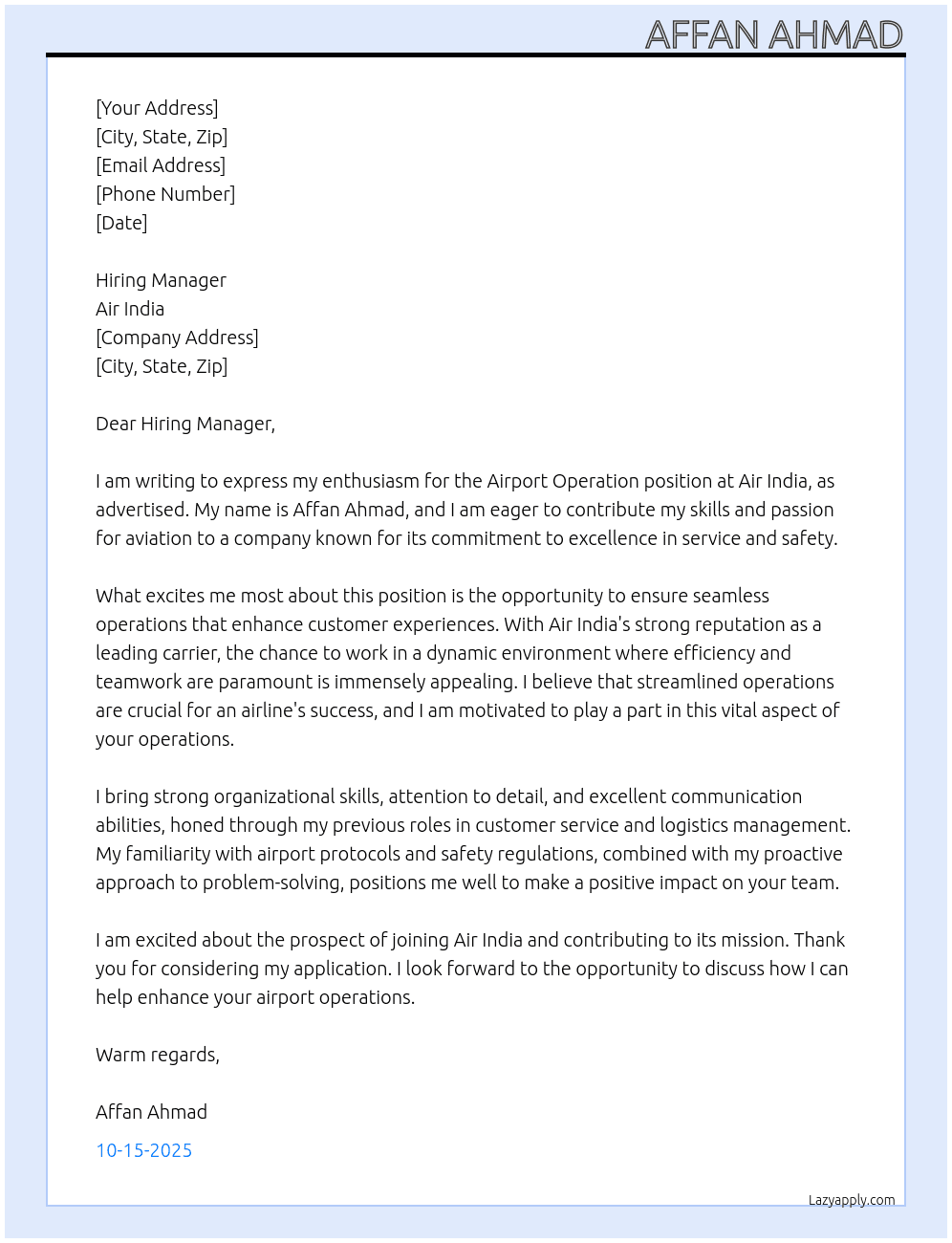 Cover letter for airport operation - LazyApply