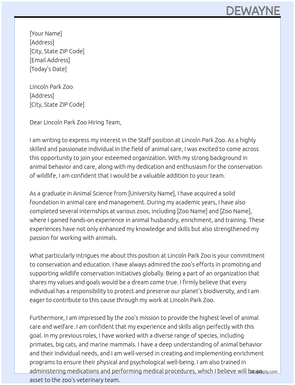 Staff At Lincoln Park Zoo Cover Letter