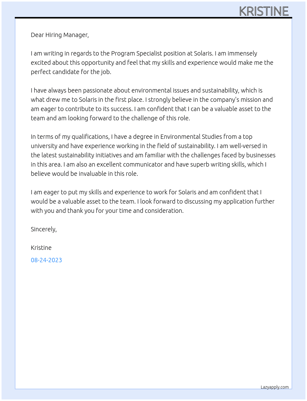 Program Specialist At Solaris  Cover Letter