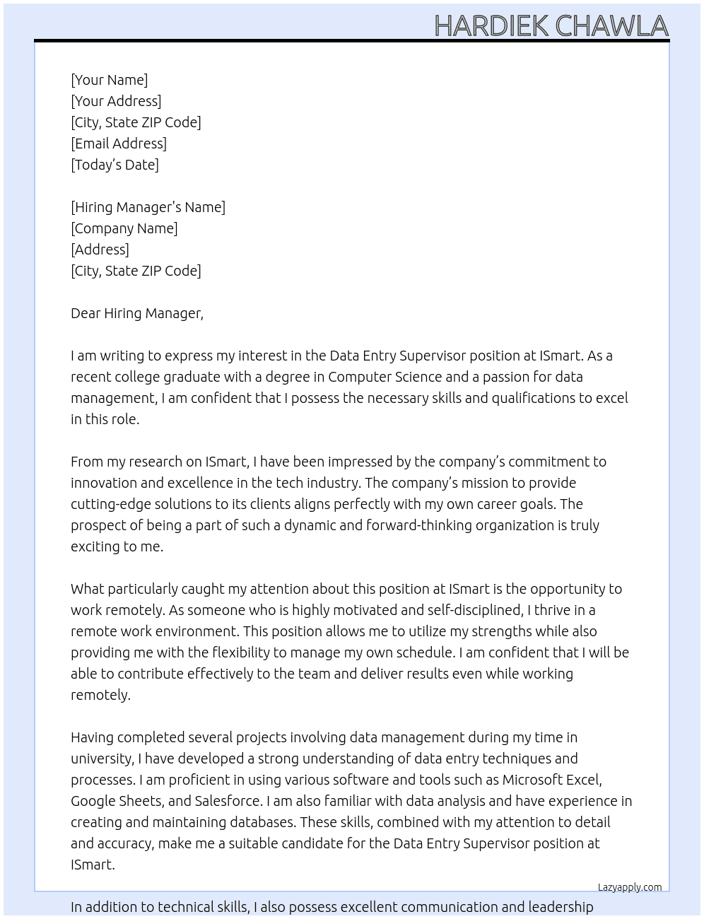 Data Entry Supervisor - Entry level (Remote) At ISmart  Cover Letter