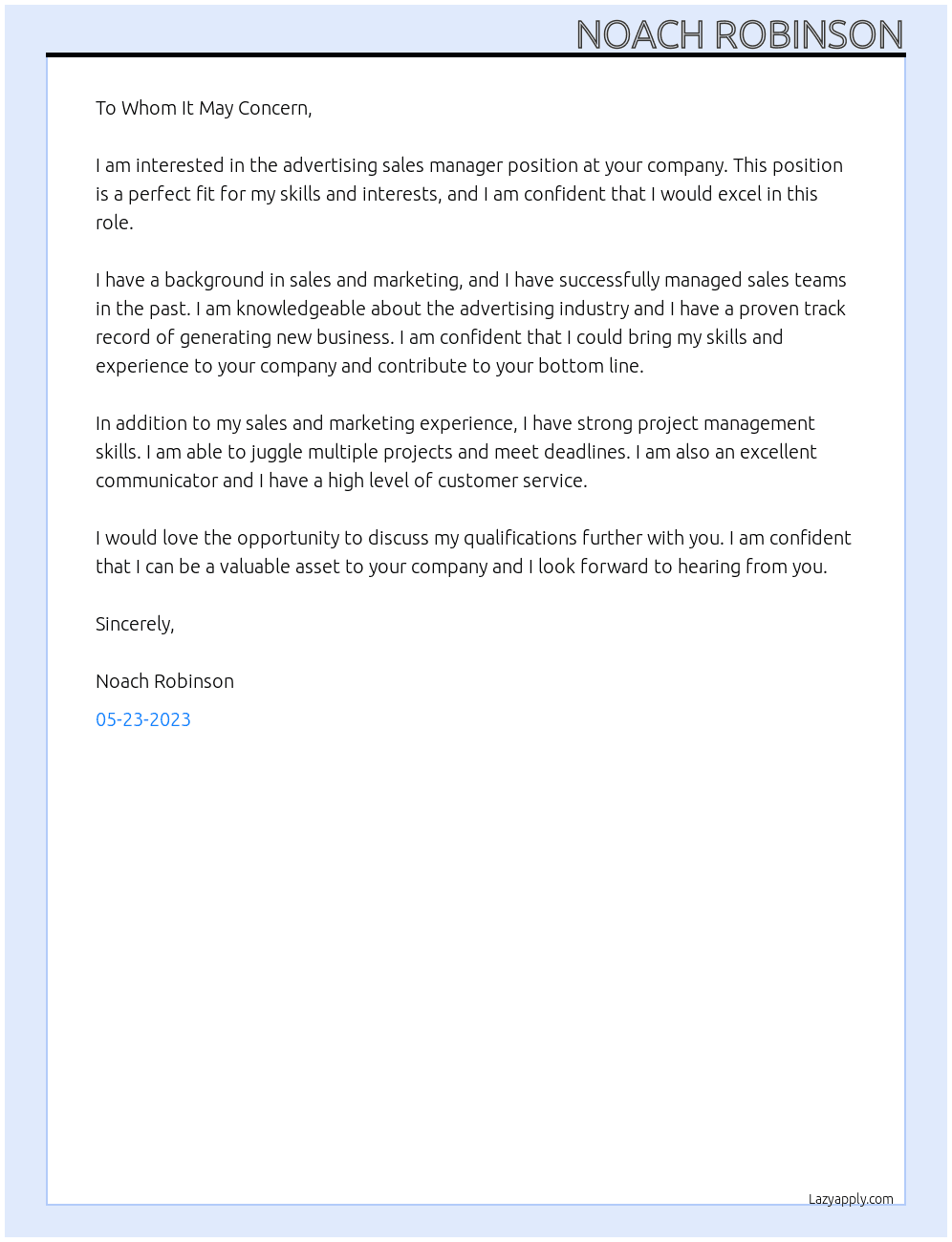 sale manager At advertising Cover Letter