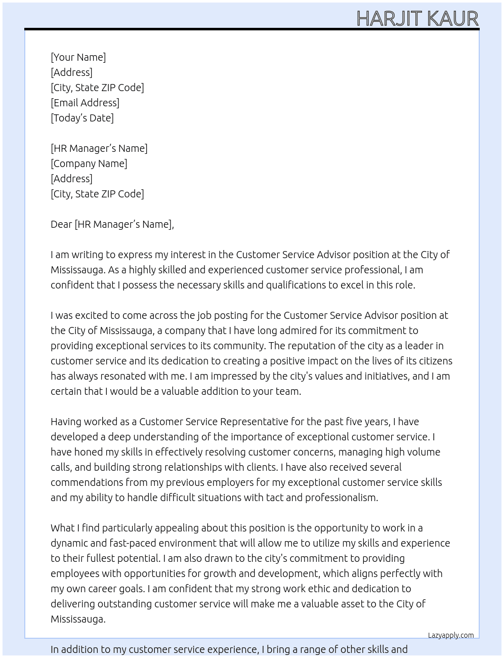  Customer Service Advisor  At City of Mississauga Cover Letter