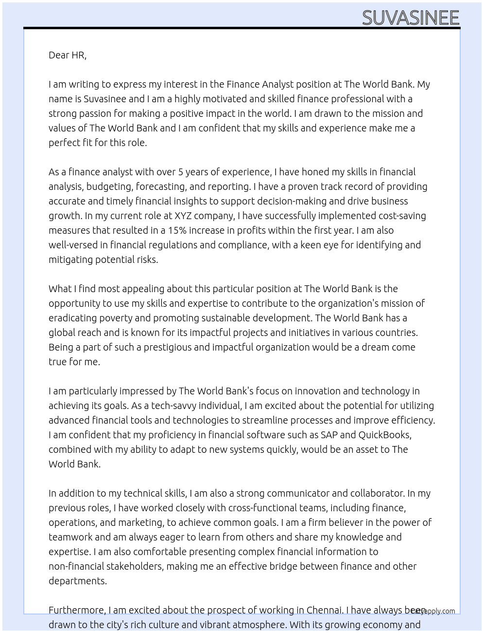 Finance Analyst At The World Bank Cover Letter