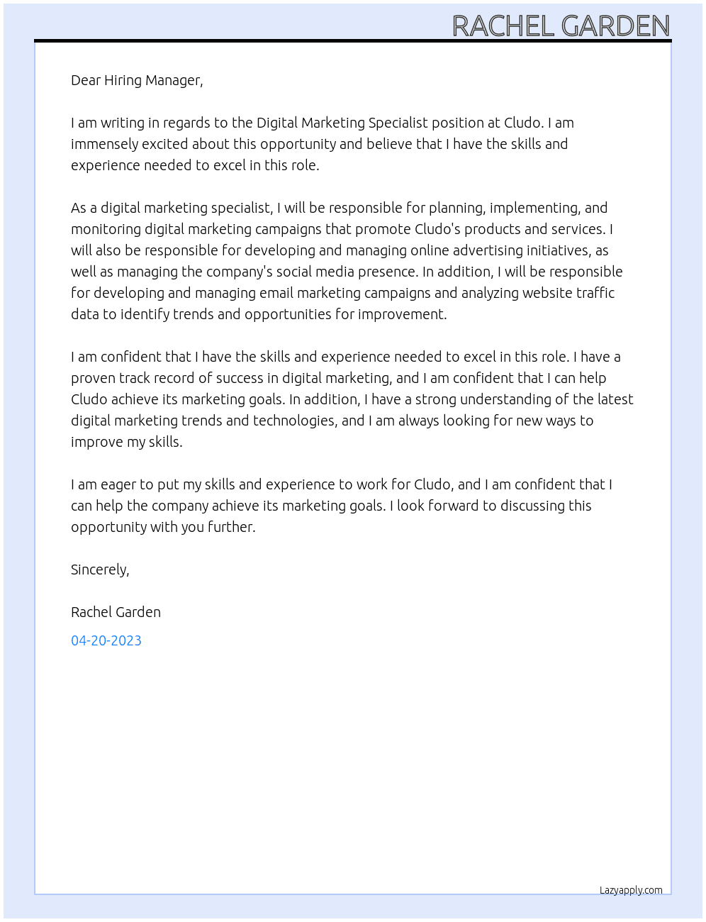 Digital Marketing Specialist  At Cludo Cover Letter