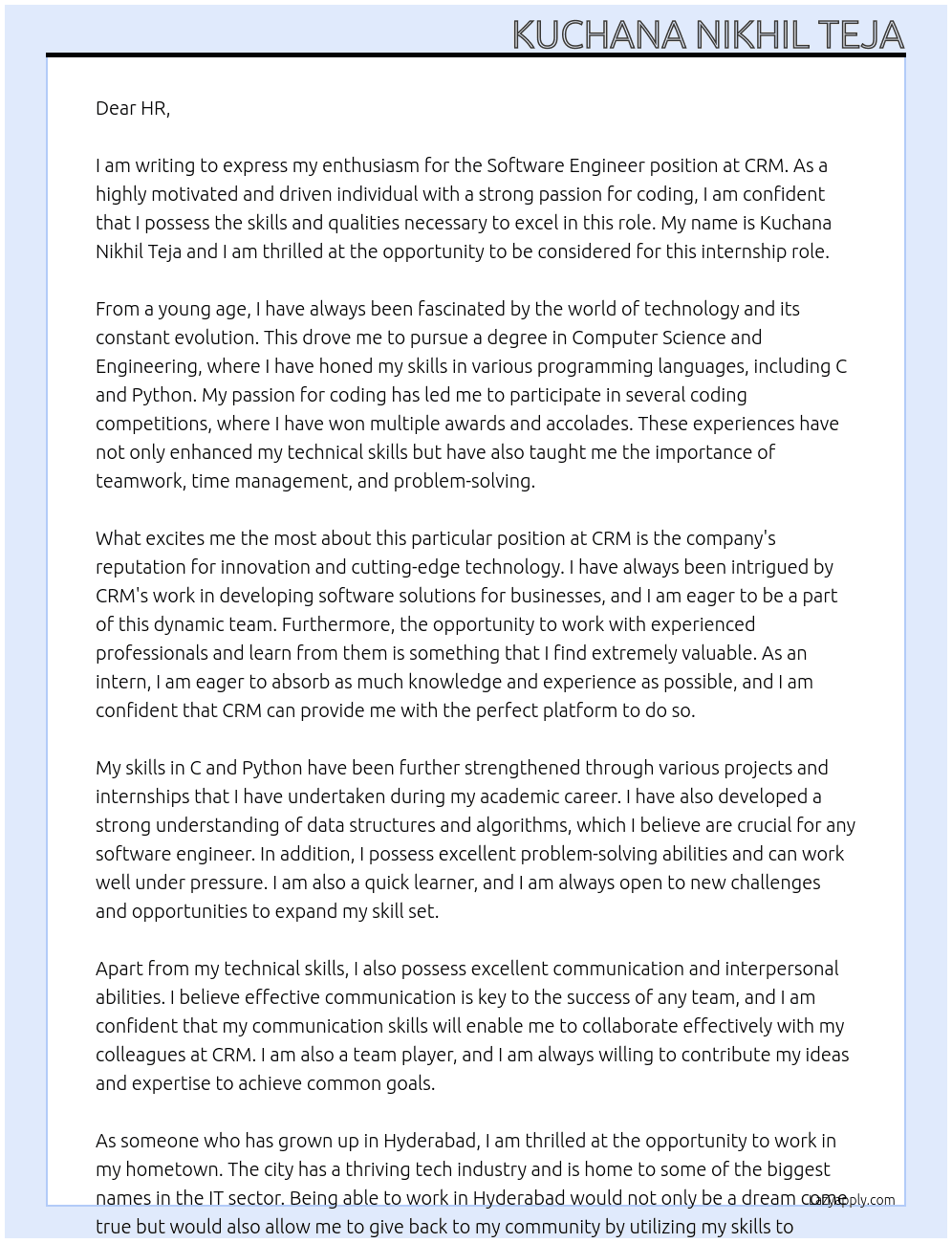 Software engineer  At CRM Cover Letter