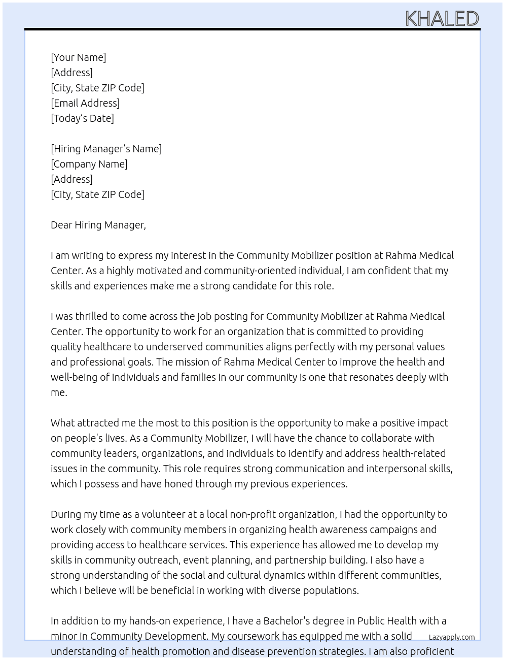 Community Mobilizer At Rahma Medical Center Cover Letter