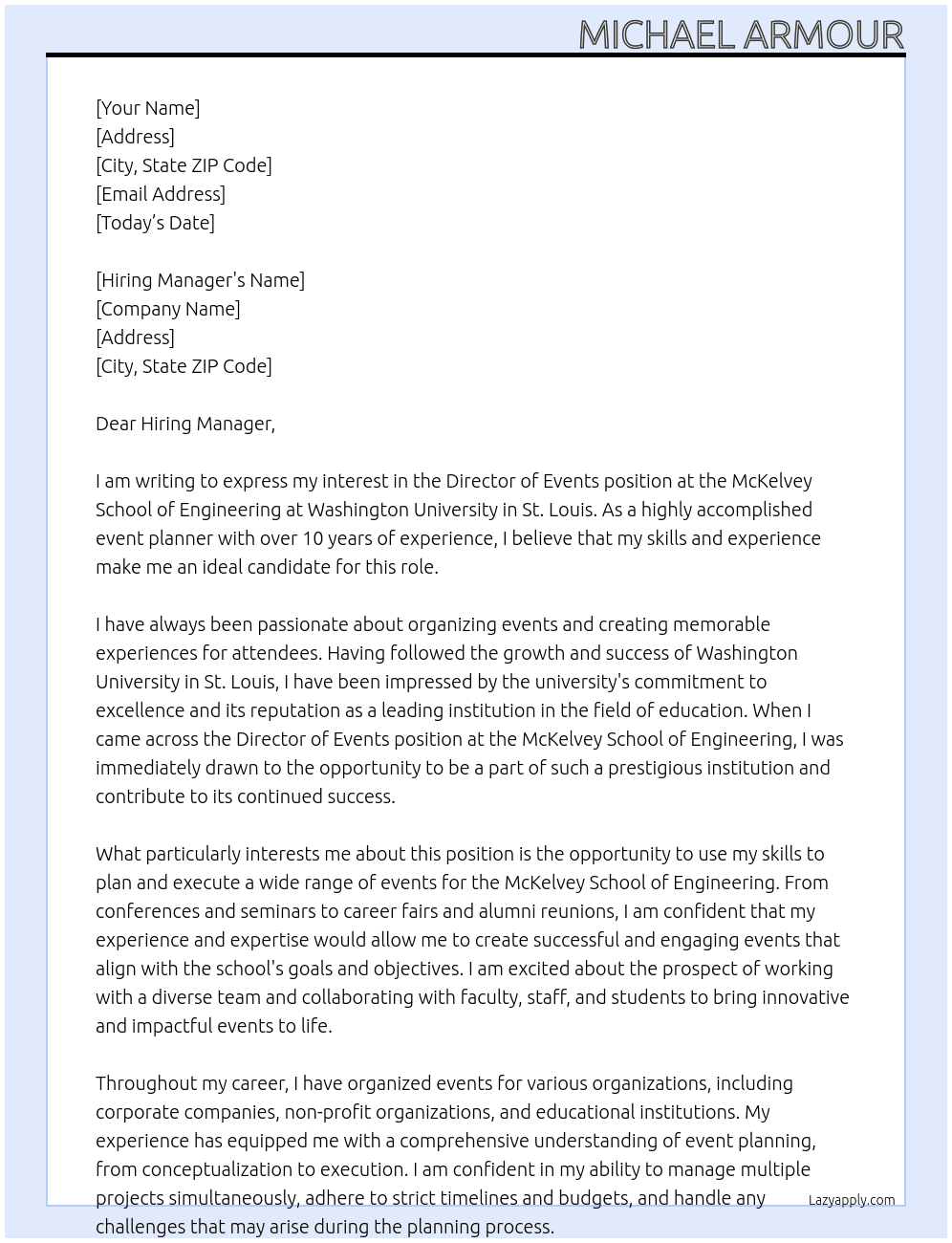 Director of Events, McKelvey School of Engineering At Washington University in St. Louis Cover Letter