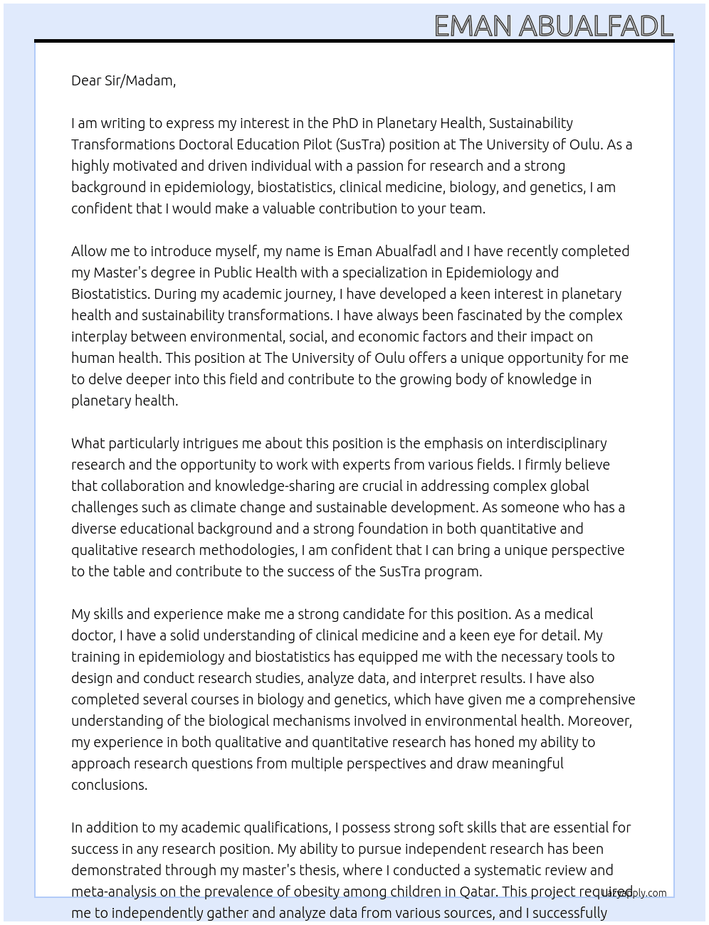 PhD in Planetary Health, Sustainability Transformations Doctoral Education Pilot (SusTra) At The University of Oulu Cover Letter