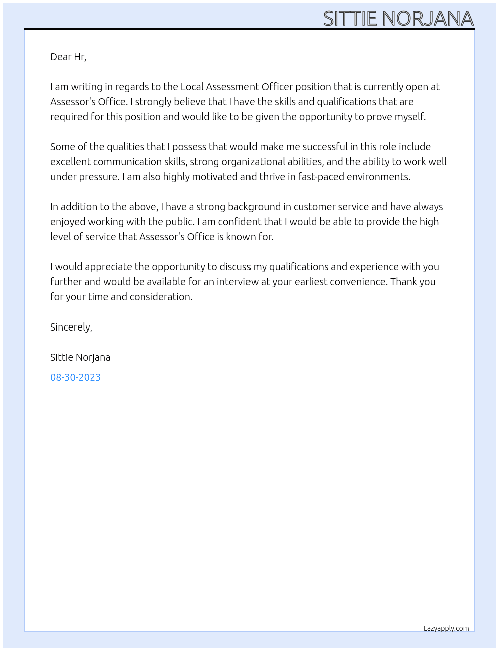 Local Assessment Officer At Assessor's Office Cover Letter