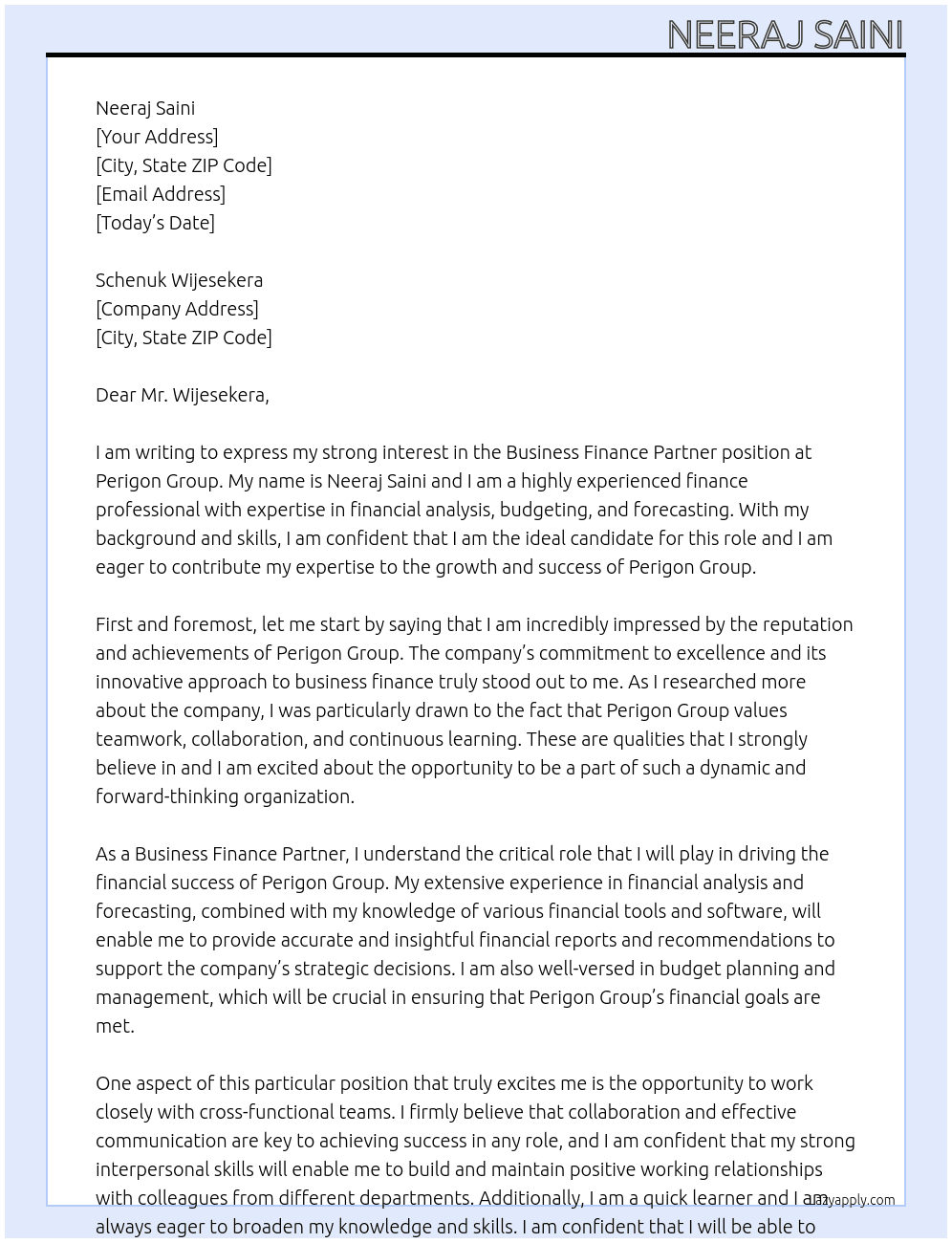 Business Finance Partner At Perigon Group Cover Letter