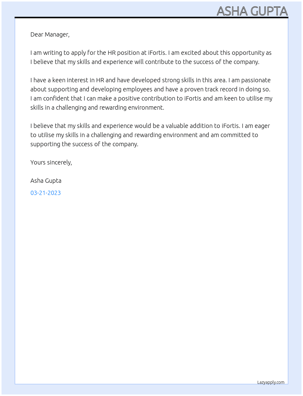 HR At ifortis Cover Letter