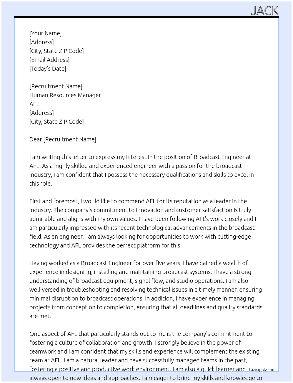 Broadcast Engineer At AFL Cover Letter