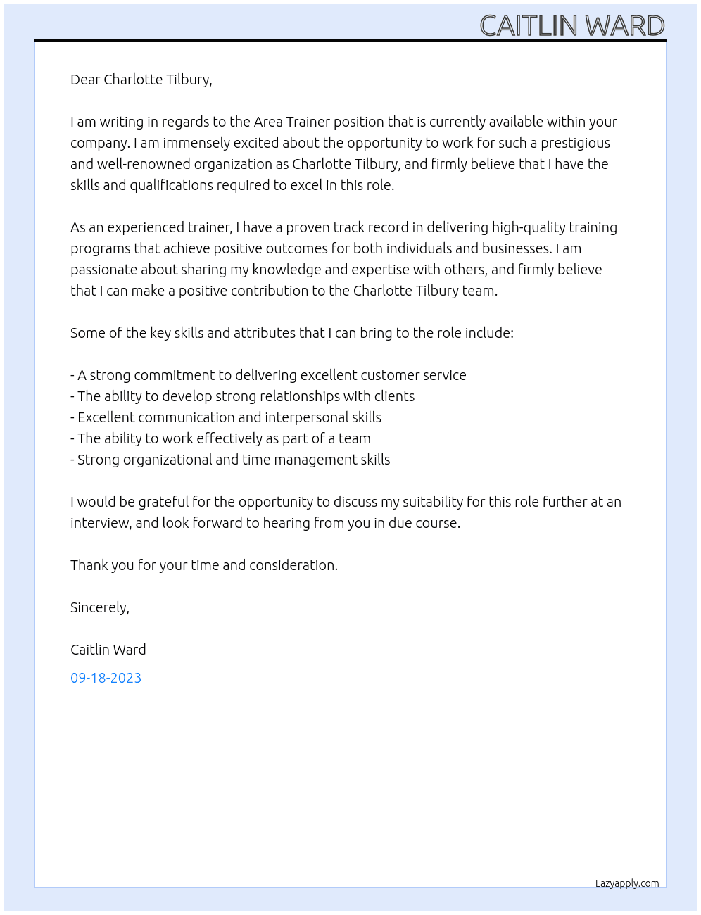 area trainer At Charlotte Tilbury Cover Letter