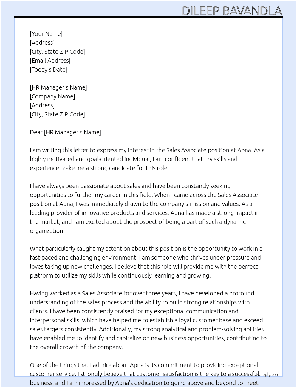 sales Associate At Apna Cover Letter