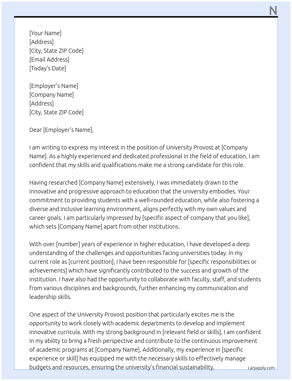 university provost  At ff Cover Letter