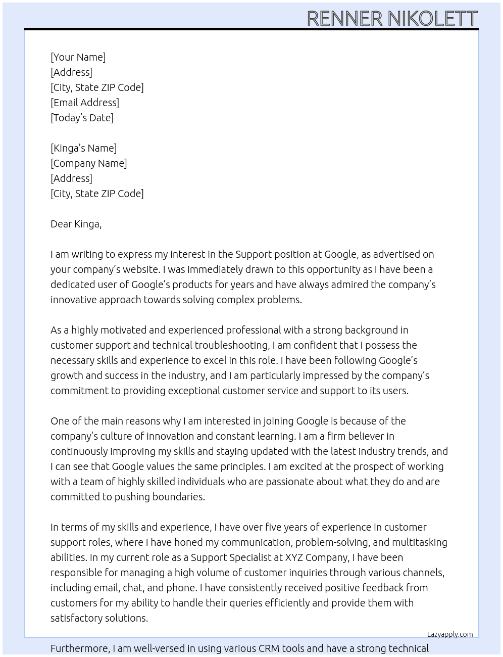 Support At Google Cover Letter
