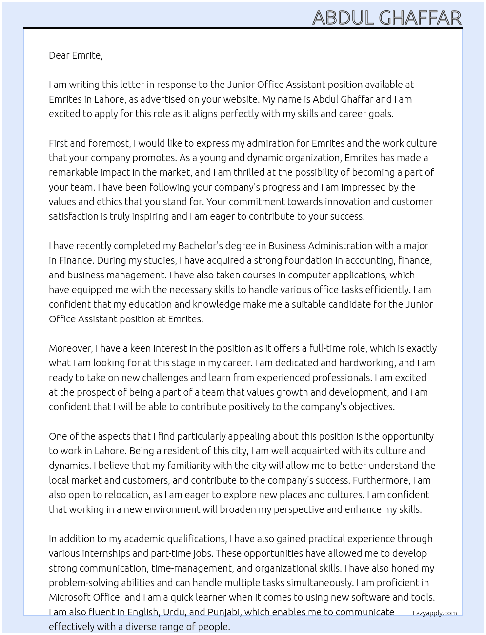 Junior office assistant At Emrites Cover Letter