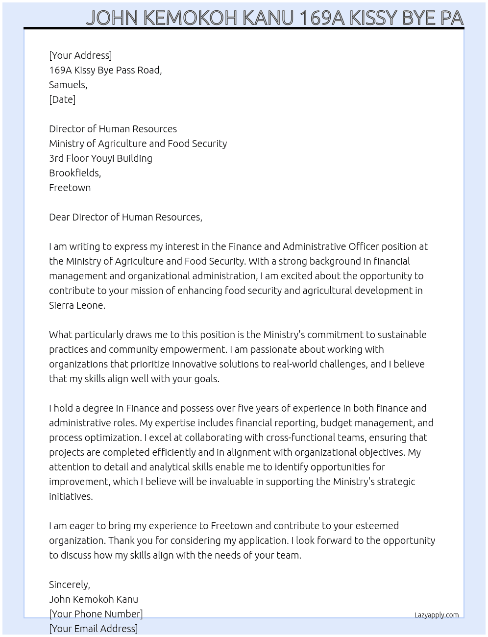 Cover letter for finance and administrative officer - LazyApply