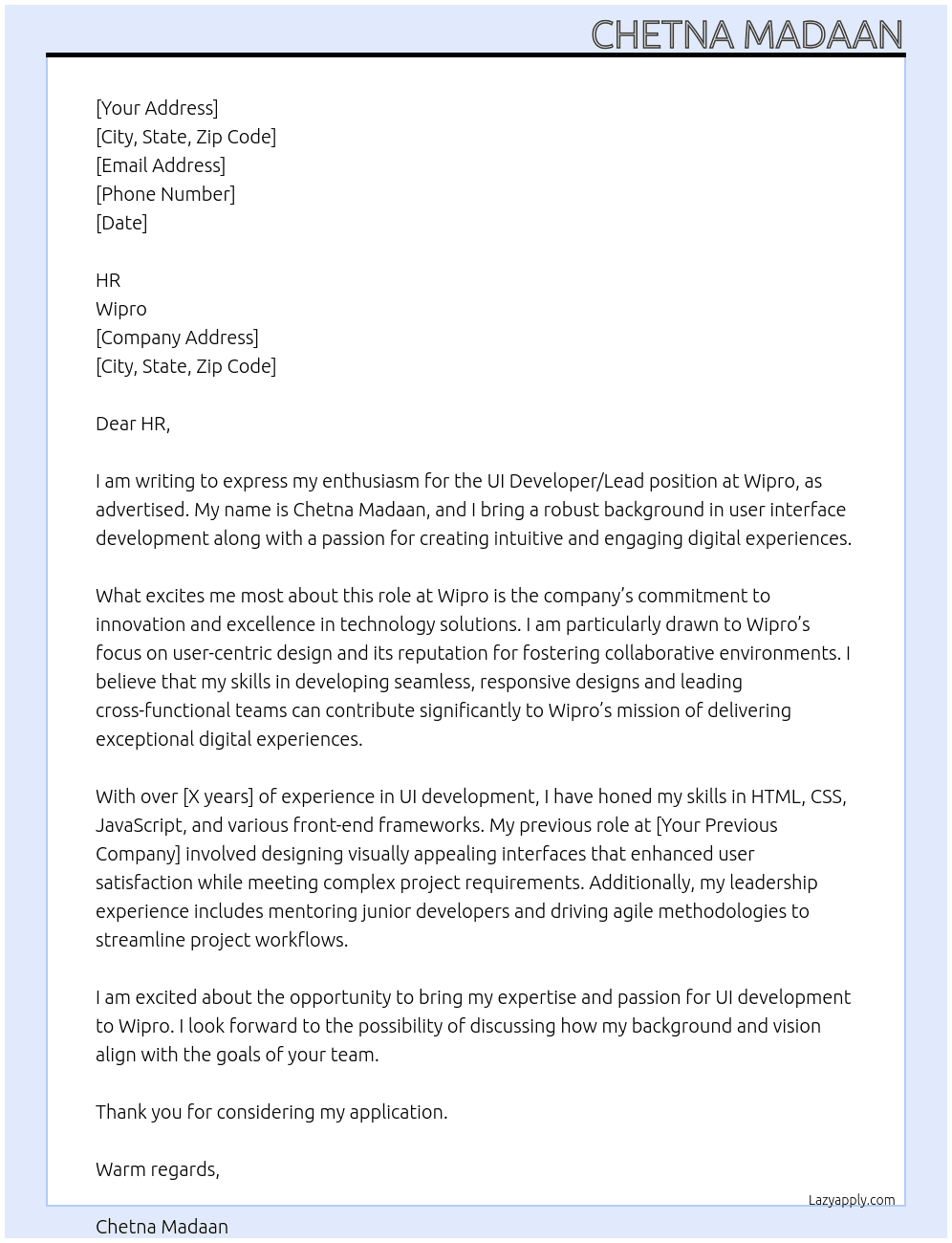 Cover letter for ui developer/lead - LazyApply