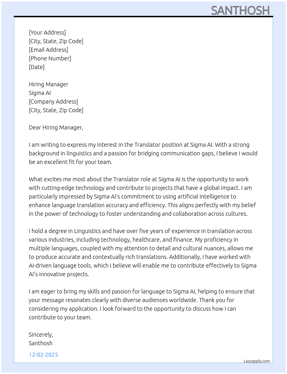 Translate  At Sigma ai Cover Letter