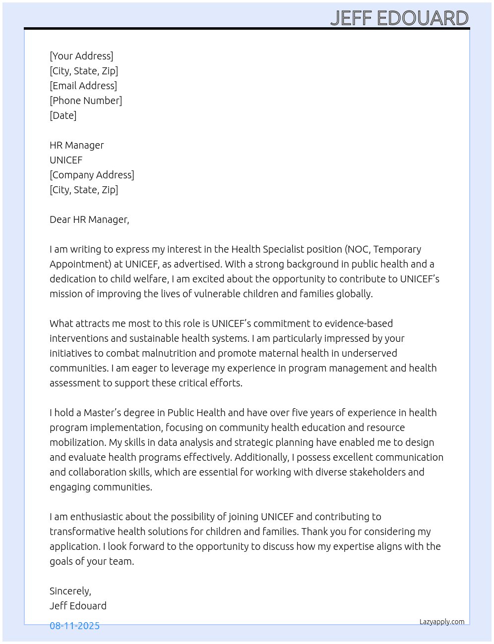Cover letter for health specialist, noc, temporary appointment, - LazyApply