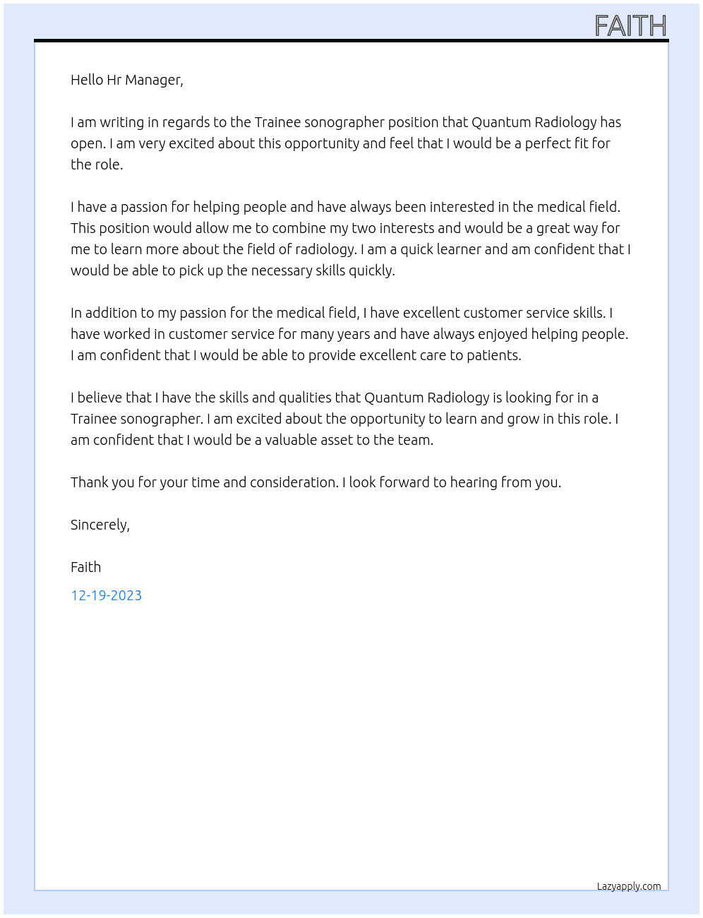 Trainee sonographer At Quantum Radiology Cover Letter