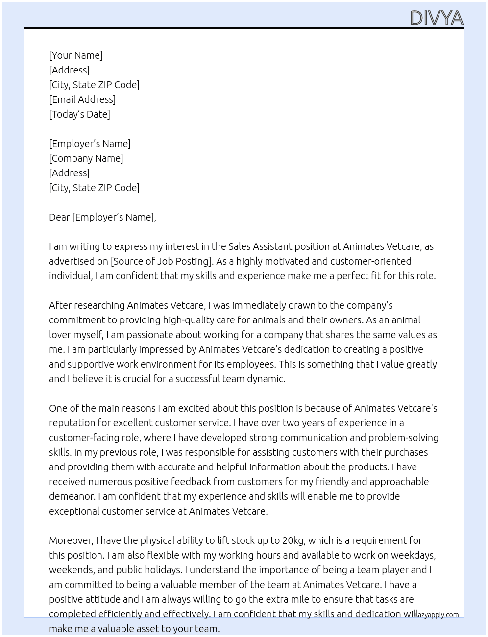 Sales Assistant At Animates Vetcare Cover Letter