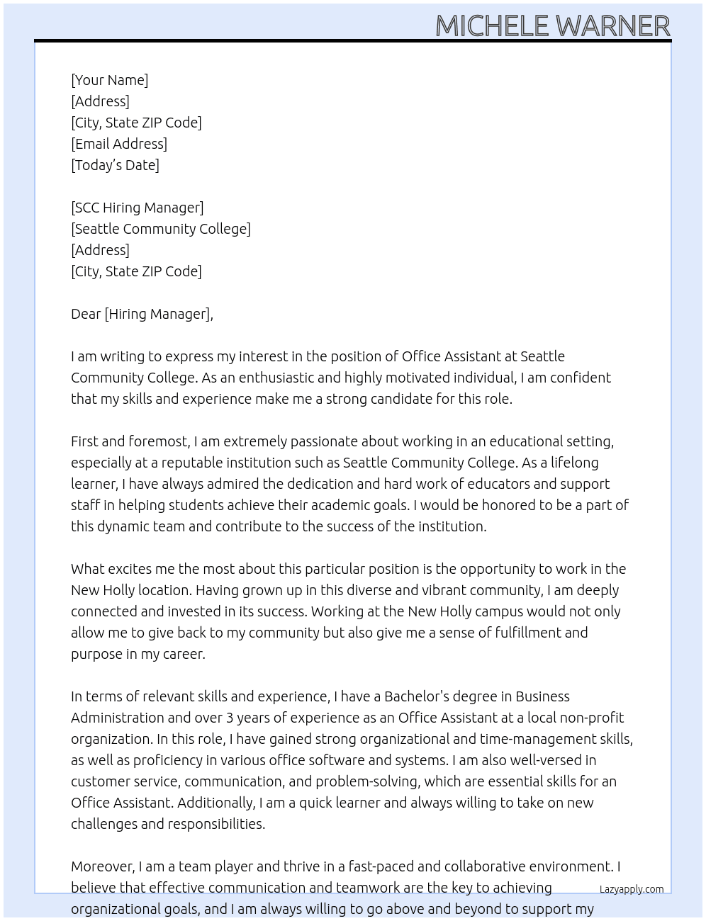 office assistant At Seattle Community College Cover Letter