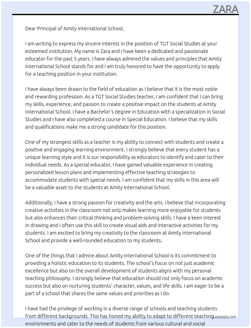 TGT social studies At amity international school Cover Letter