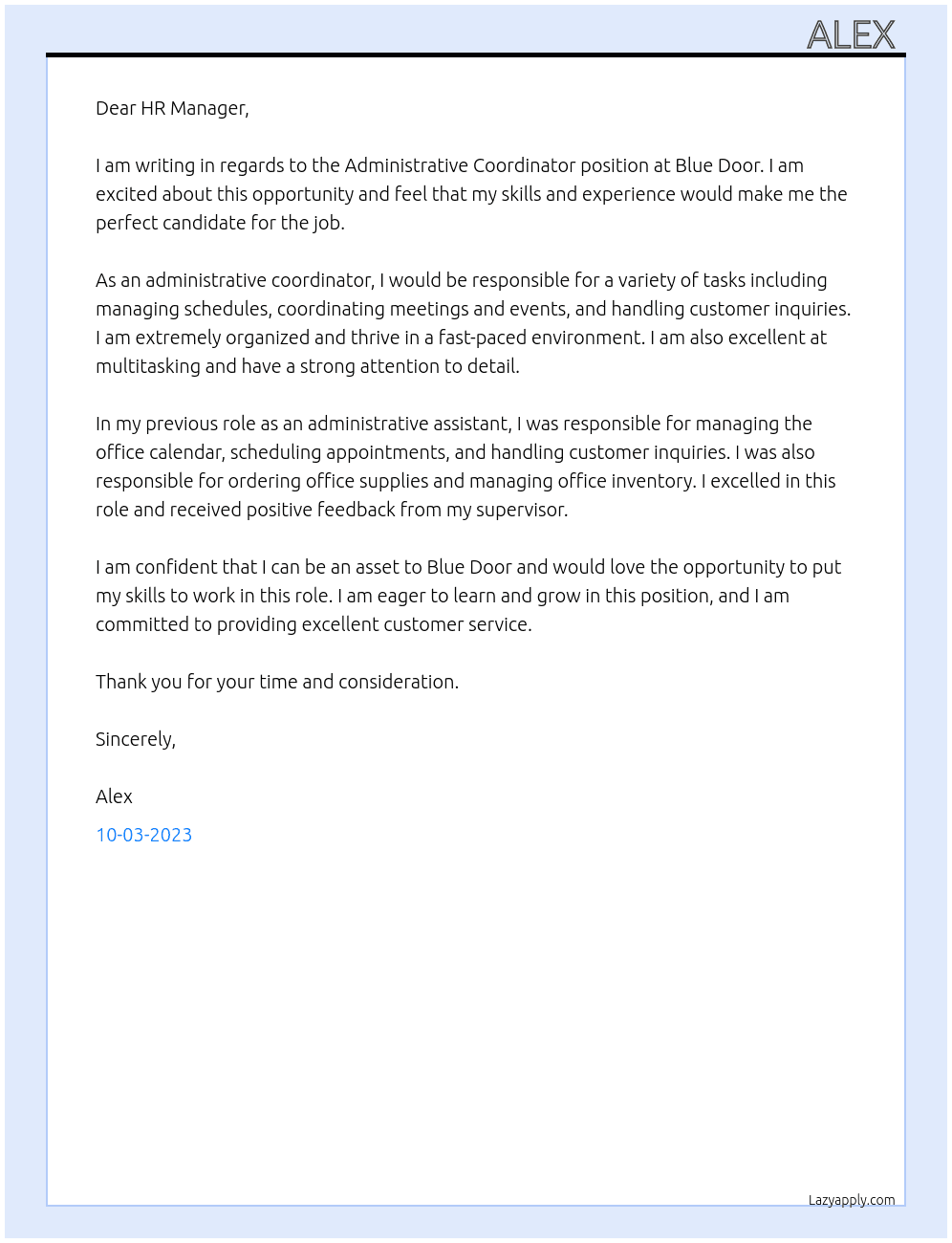 administrative coordinator At Blue Door Cover Letter