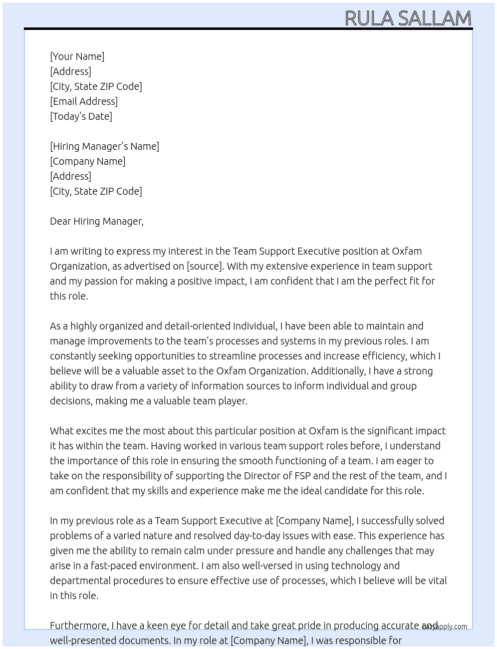  Team Support Executive  At Oxfam Organization Cover Letter