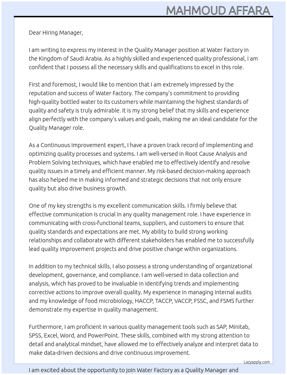 Quality Manager At Water Factory | Kingdom of Saudi Arabia Cover Letter
