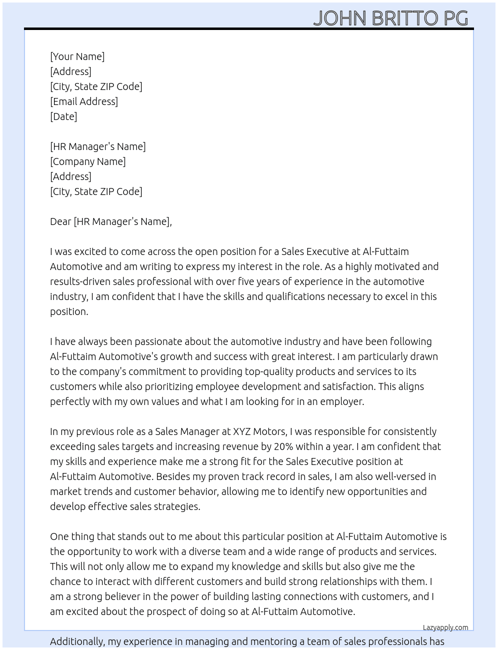 Sales Executive  At Al-Futtaim Automotive Cover Letter