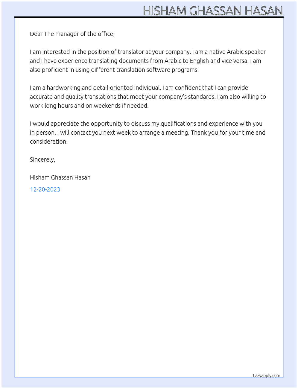 Translator At A translation office Cover Letter