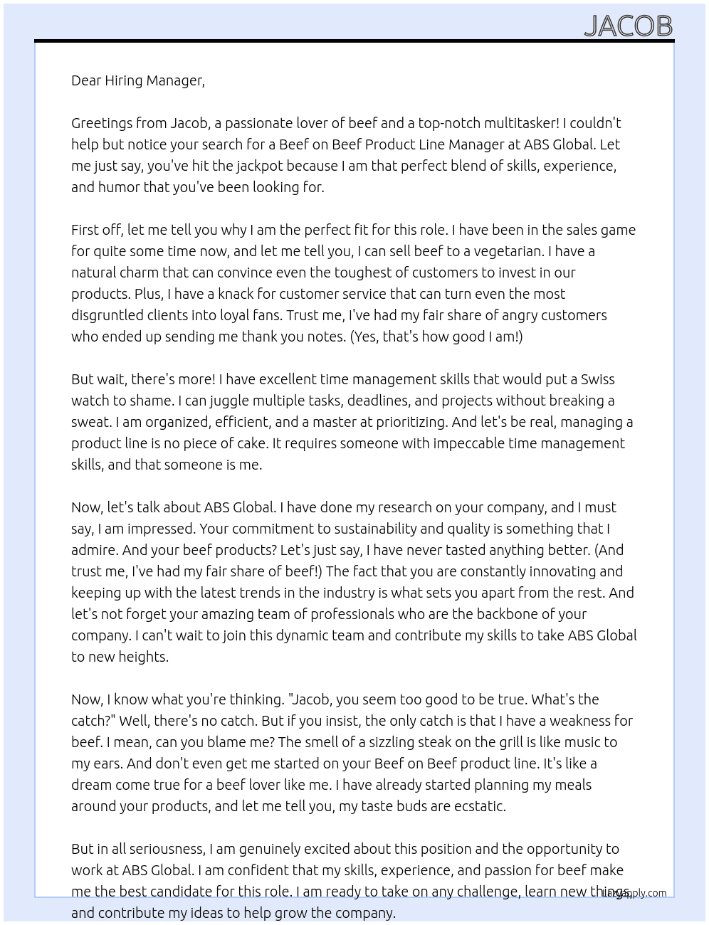 Beef on Beef Product Line Manager At ABS Global Cover Letter