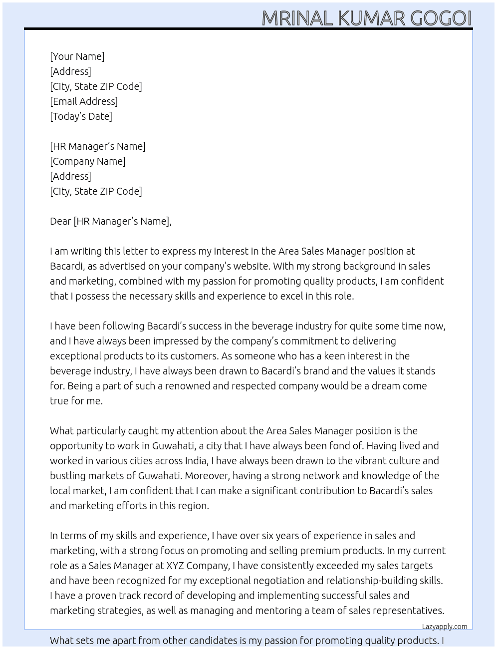 Area Sales Manager At Bacardi Cover Letter
