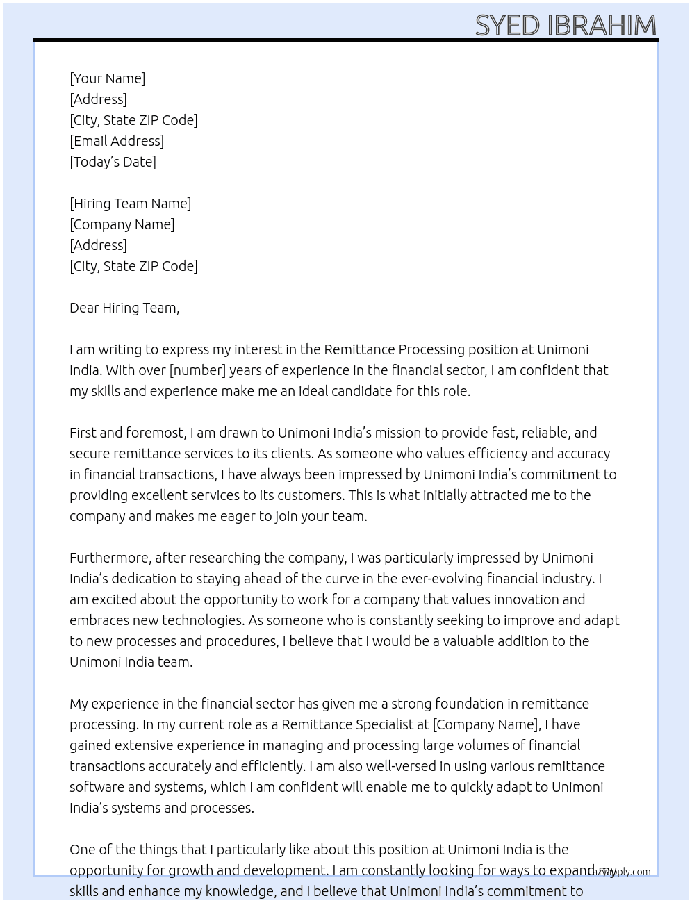 remittance processing At unimoni india Cover Letter