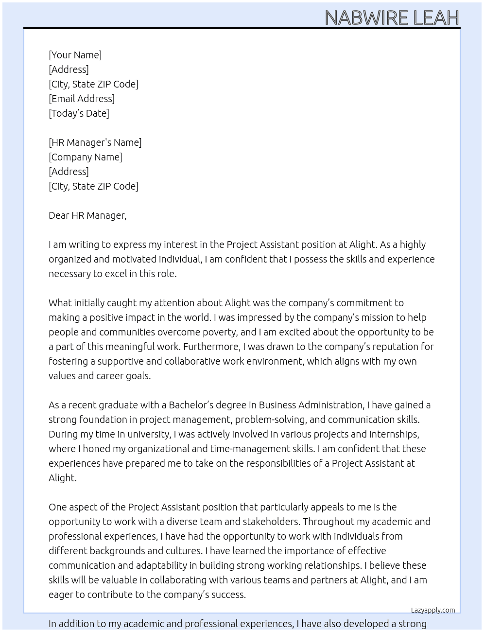 Project assistant At Alight Cover Letter
