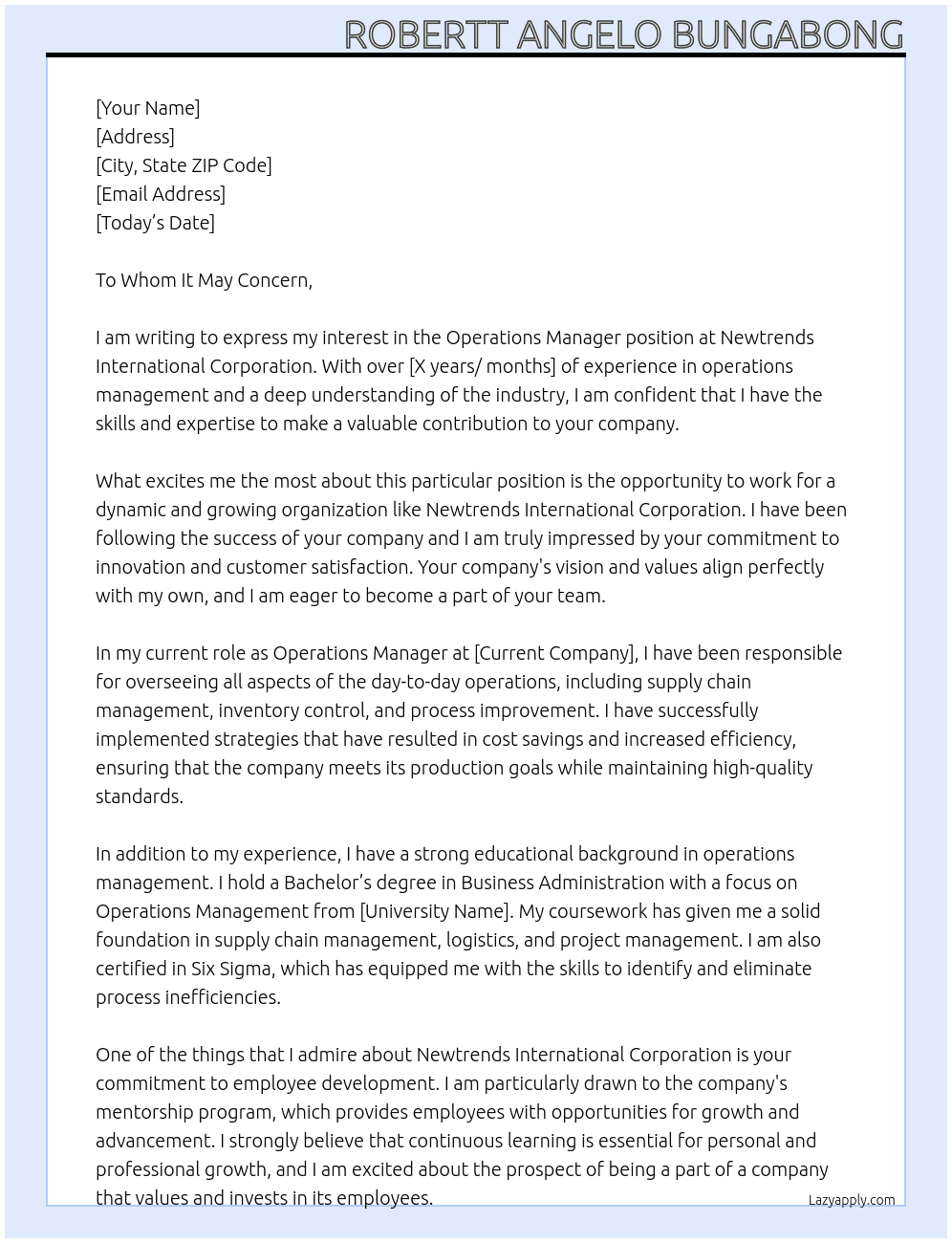 operations manager At Newtrends International Corporation Cover Letter