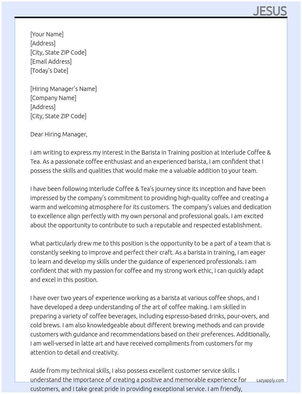 Barista in Training At Interlude Coffee & Tea Cover Letter