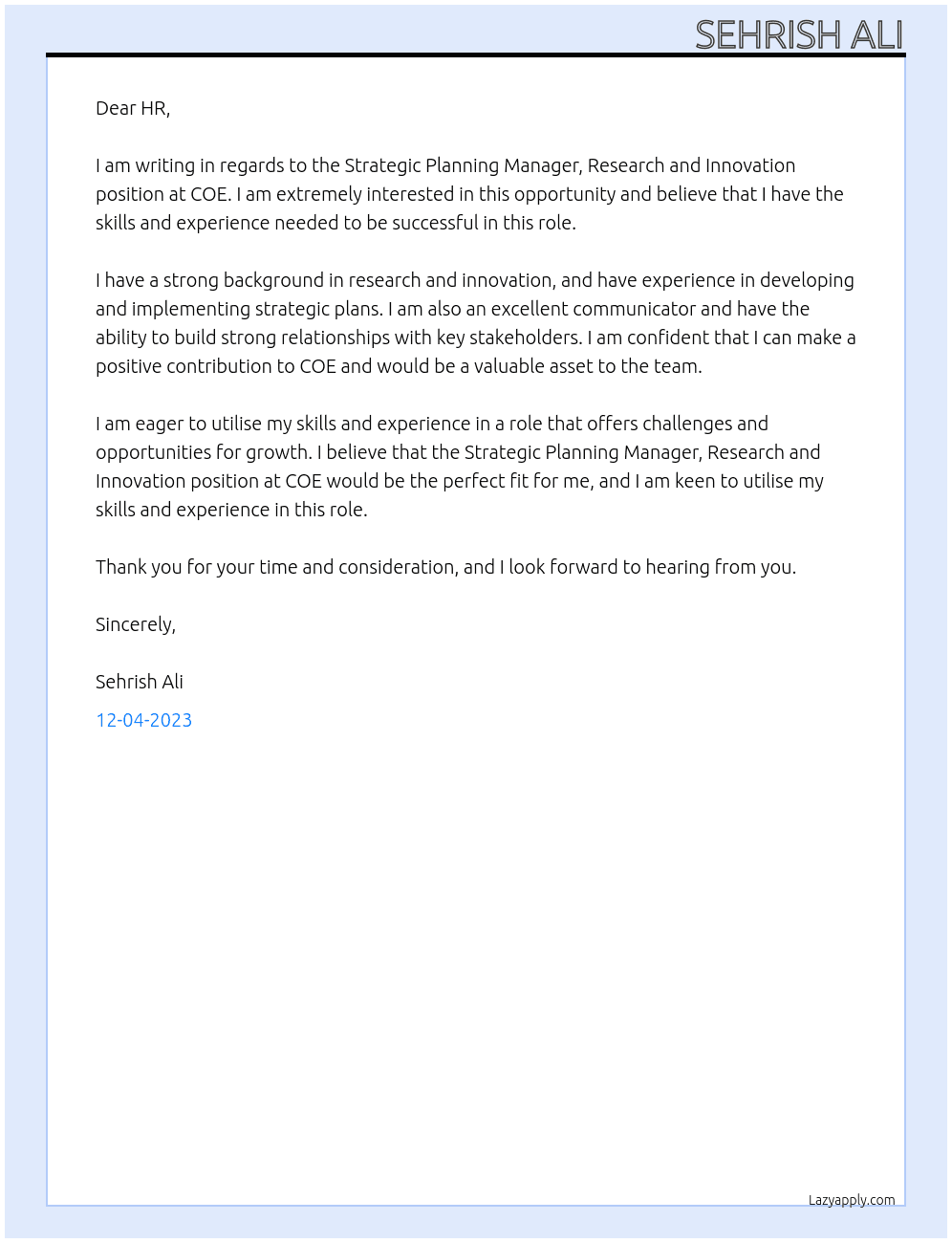 Strategic Planning Manager, Research and Innovation  At COE Cover Letter