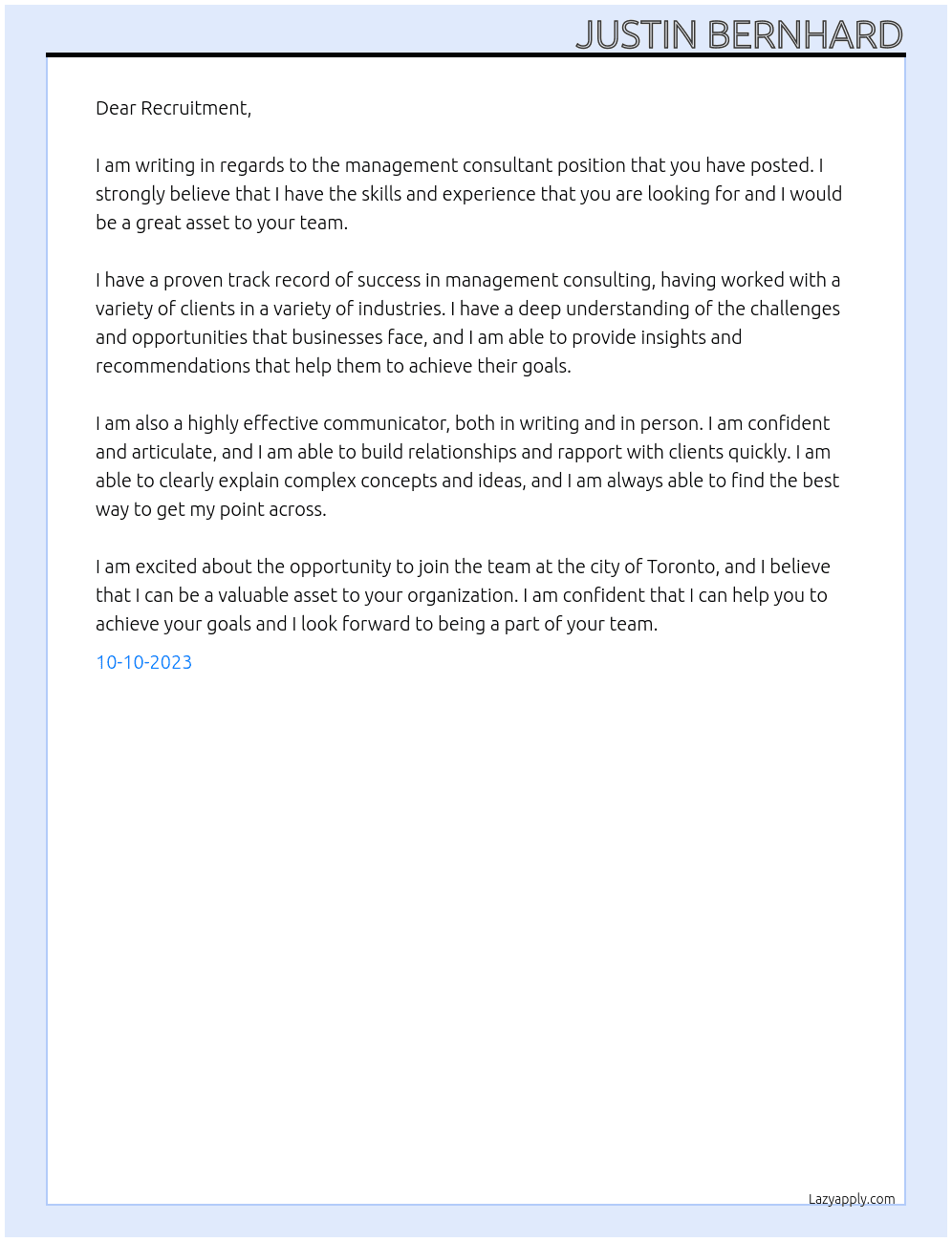 management consultant At city of toronto Cover Letter