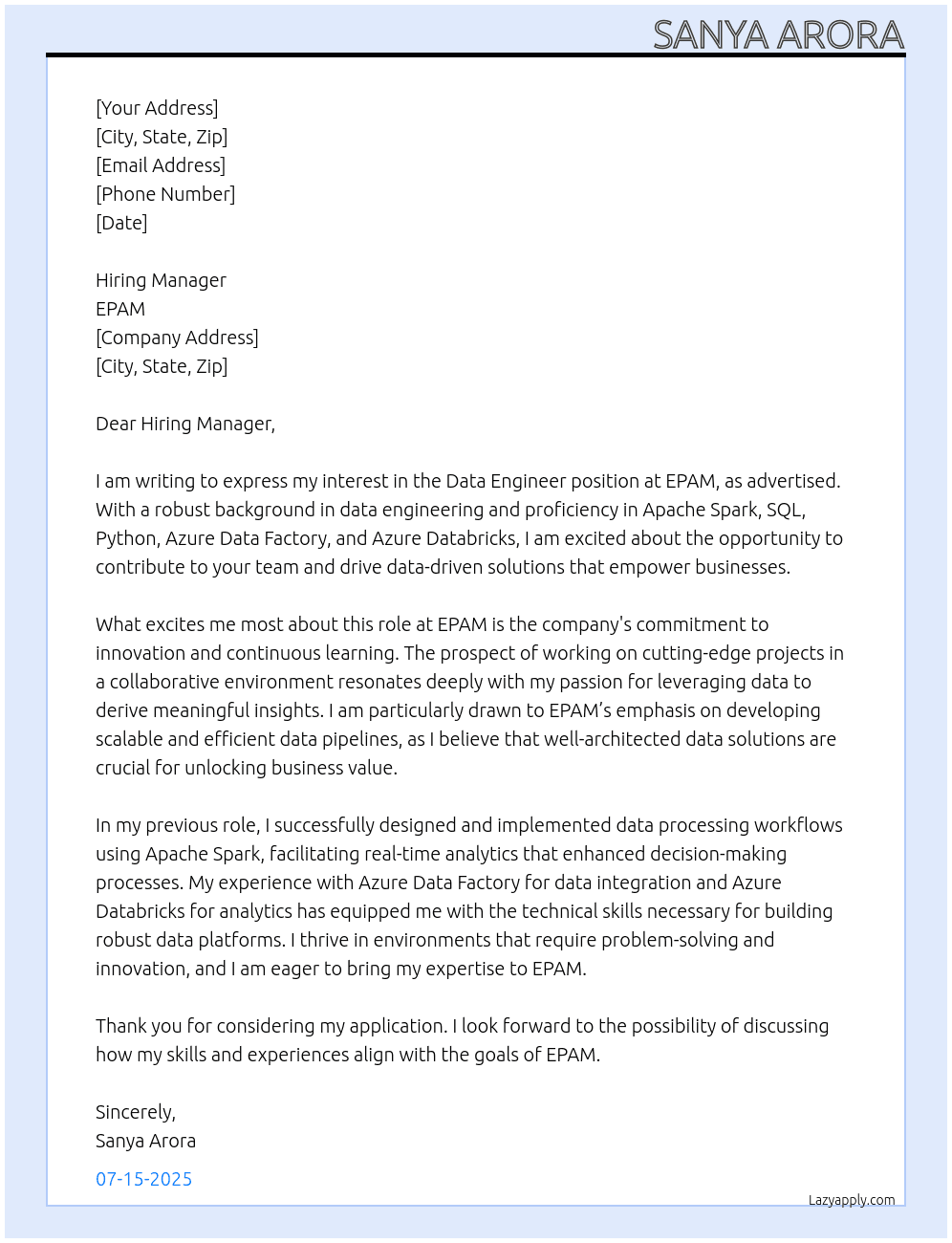 Data Engineer At EPAM Cover Letter