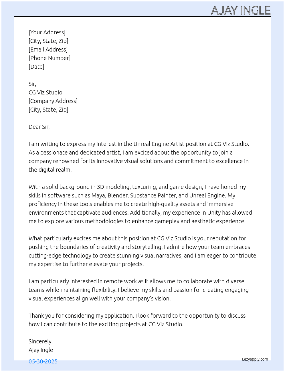 Unreal engine artist  At CG Viz studio  Cover Letter
