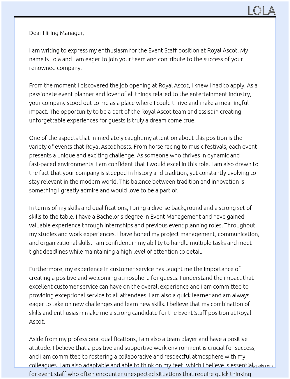 Event staff At Royal Ascot Cover Letter